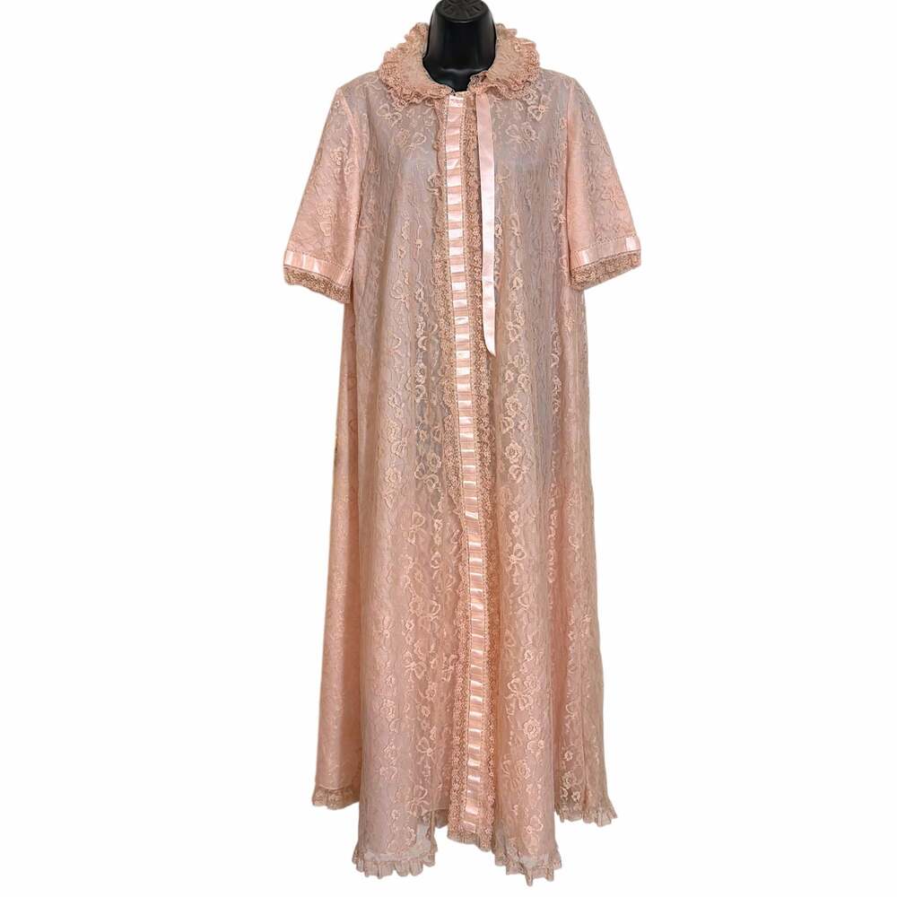 Vtg 1960s Odette Barsa Pink Lace Maxi Robe Peignoir Dressing Gown Coquette L/XL